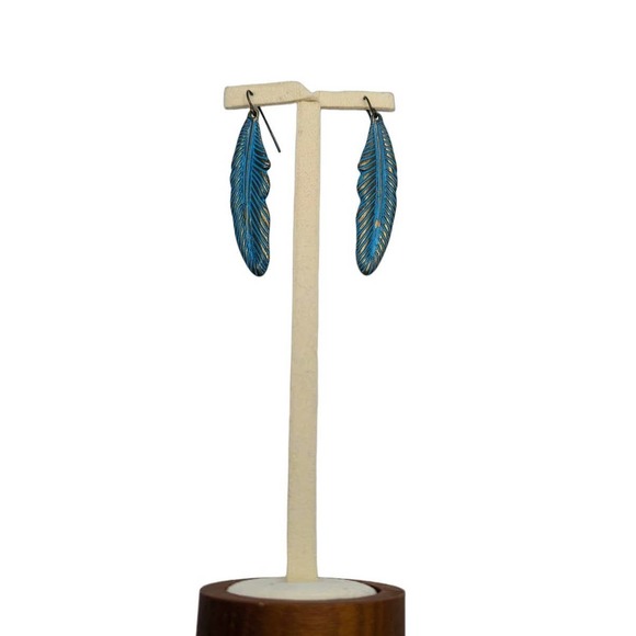 Blue Hand-Painted Brass Feather Earrings - Picture 2 of 8